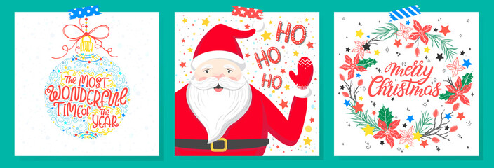 Set of holidays cards with greetings,santa,christmas ball,wreath,snowflakes and stars.Seasons greetings perfect for prints, flyers,cards,invitations and more.Vector holidays illustrations.