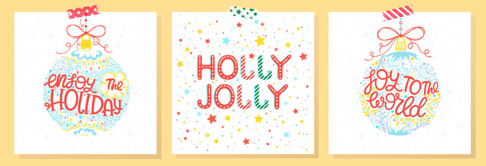 Set of holidays cards with greetings,christmas balls,snowflakes and stars.Seasons greetings perfect for prints, flyers,cards,invitations and more.Vector holidays illustrations.