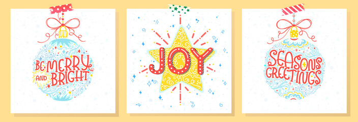 Fototapeta premium Set of holidays cards with greetings,christmas balls,snowflakes and stars.Seasons greetings perfect for prints, flyers,cards,invitations and more.Vector illustrations.