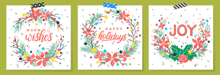 Christmas and New Year typography.Set of holidays cards with greetings,wreaths and stars.Seasons greetings perfect for prints, flyers,cards,invitations and more.Vector holidays illustrations.