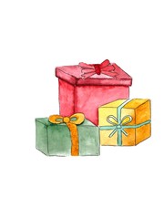 Watercolor colorful gift boxes with bow isolated on white background