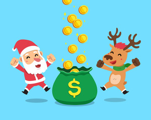 Vector cartoon christmas santa claus and reindeer earning money