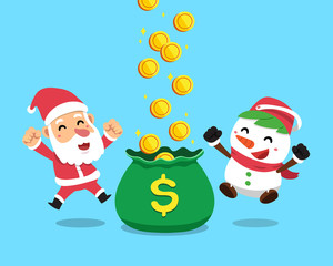Vector cartoon christmas santa claus and snowman earning money