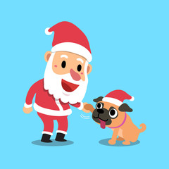 Vector cartoon christmas santa claus with pug dog
