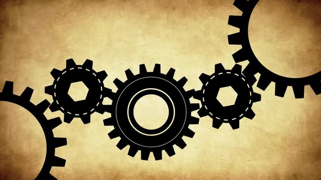 Very old and antique gear mechanism representing the joint operation of a team or business system and the teamgroup, the black gears are spinning fast over an ancient parchment background in 4k.
