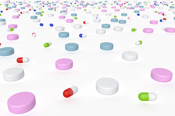  Perspective view of 3d illustration of drugs with various shapes and colors also usable as texture or pattern