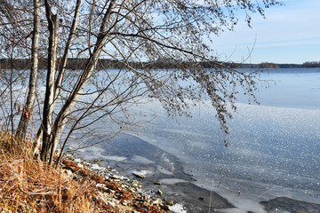 Nature monument - lake Uvildy in november on a cloudy day, South Ural, Chelyabinsk region, Russia