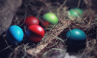 Easter painted eggs on burlap