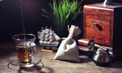 Brewing tea on a wooden table