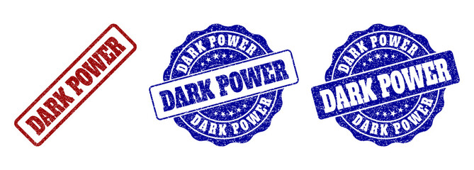 DARK POWER scratched stamp seals in red and blue colors. Vector DARK POWER labels with dirty style. Graphic elements are rounded rectangles, rosettes, circles and text titles.