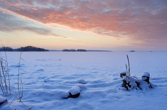 Sunrise over lake Uvildy in winter. South Ural, Chelyabinsk region, Russia