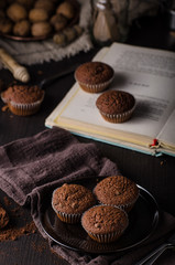 Homemade chocolate muffins with chocolate topping