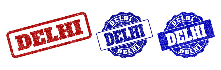 DELHI grunge stamp seals in red and blue colors. Vector DELHI labels with dirty surface. Graphic elements are rounded rectangles, rosettes, circles and text labels.