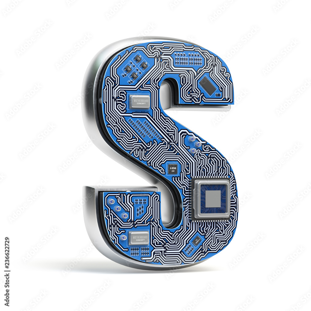 Poster letter s. alphabet in circuit board style. digital hi-tech letter isolated on white.