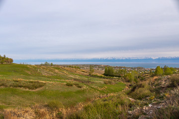 Fototapeta premium Beautiful landscape, Issyk-Kul lake, Bosteri, Kyrgyzstan