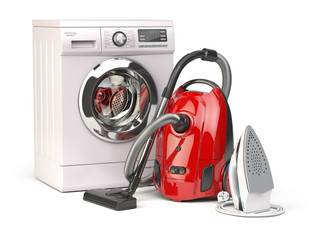 Home appliances. Group of vacuum cleaner,  iron and washing machine isolated on white background. 3d