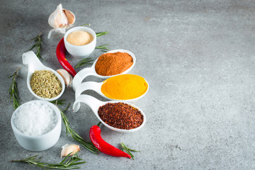 Spices in Wooden spoon. Herbs. Curry, Saffron, turmeric, rosemary, cinnamon, garlic, pepper, anise on wooden rustic background. Collection of spices and herbs. Salt, paprika. 
