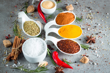 Spices in Wooden spoon. Herbs. Curry, Saffron, turmeric, rosemary, cinnamon, garlic, pepper, anise on wooden rustic background. Collection of spices and herbs. Salt, paprika. 