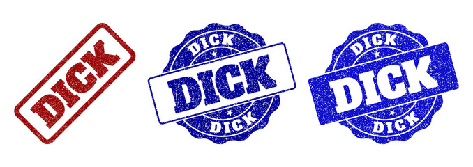 DICK scratched stamp seals in red and blue colors. Vector DICK labels with grainy surface. Graphic elements are rounded rectangles, rosettes, circles and text tags.