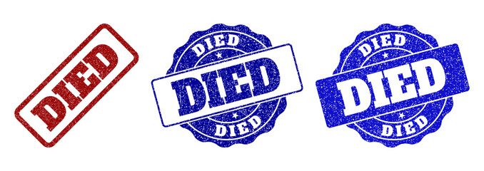 DIED grunge stamp seals in red and blue colors. Vector DIED imprints with draft style. Graphic elements are rounded rectangles, rosettes, circles and text captions.