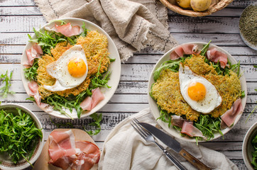 Potato pancakes with eggs and ham