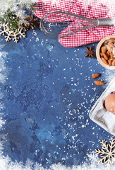 Christmas card with decorations for baking. Christmas background with space for text. Top view