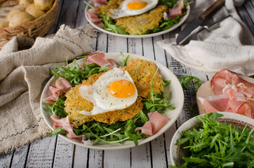 Potato pancakes with eggs and ham