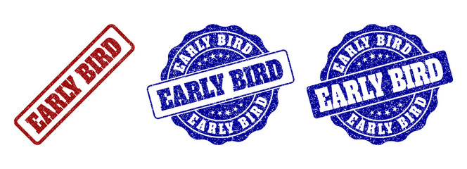 EARLY BIRD grunge stamp seals in red and blue colors. Vector EARLY BIRD watermarks with grunge texture. Graphic elements are rounded rectangles, rosettes, circles and text labels.