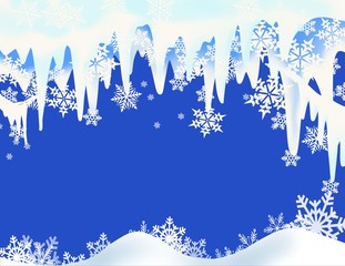 snow flakes and icicles in snowy layered winter design with copy space for invitation, announcements, poster,  sales flyer, deep blue light blue, and white background