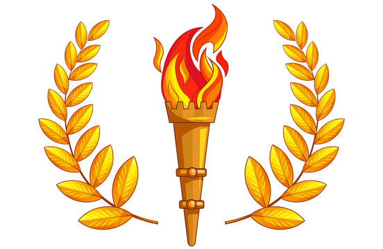 The torch with burning fire, golden laurel branch.