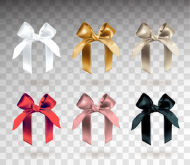 Set of six white, golden, silver, red, pink and black elegant bows with knots. Object isolated on transparent background with gradient. Realistic vector illustration.