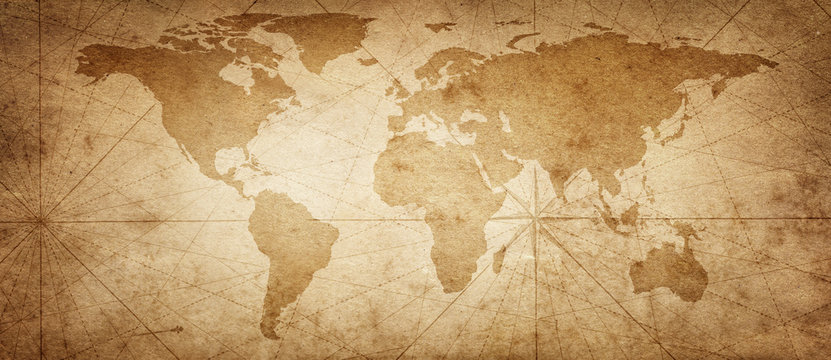 Old map of the world on a old parchment background. Vintage style. Elements of this Image Furnished by NASA.