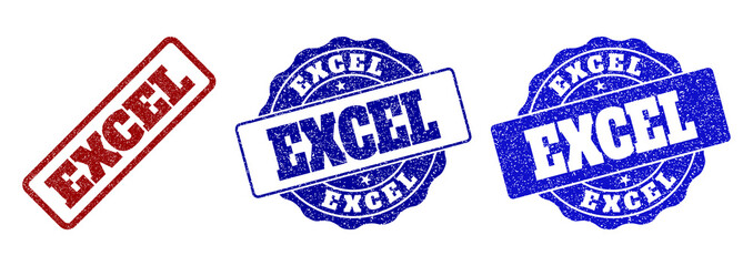 EXCEL scratched stamp seals in red and blue colors. Vector EXCEL imprints with draft style. Graphic elements are rounded rectangles, rosettes, circles and text tags.