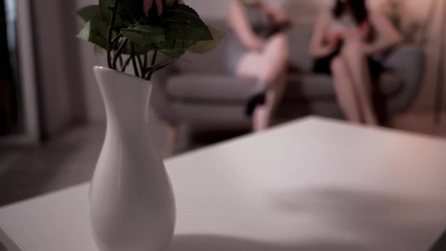 Two lesbians are talking in a bright spacious room, two cute friends are discussing their boyfriends, blonde and brunette are sitting on the armchairs, a room in a minimalist style