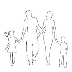 Illustration of parents with children isolated on white background in line sketch style. Hand drawn young dad holding and playing with his children for a happy family concept.