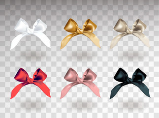 Set of six white, golden, silver, red, pink and black elegant bows with knots. Object isolated on transparent background with shadow. Realistic vector illustration.