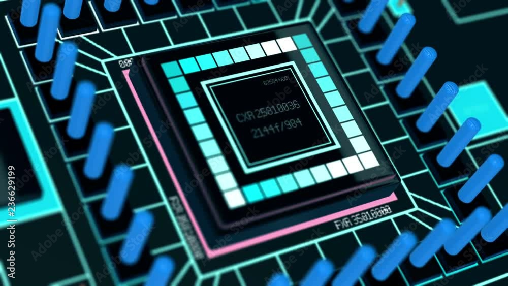 Wall mural modern computer processor (cpu) animated close up view 4k uhd video