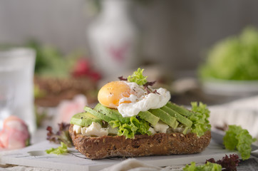 Homemade avocado poached egg sandwich