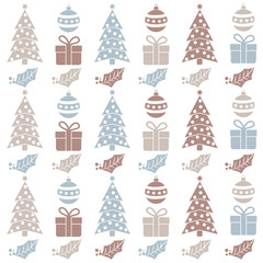 Fototapeta na wymiar Christmas seamless pattern with balls, Christmas trees, gifts and mistletoe