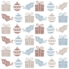 Christmas seamless pattern with  balls, gifts and mistletoe