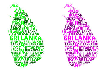 Sketch Sri Lanka letter text map, Democratic Socialist Republic of Sri Lanka - in the shape of the continent, Map Sri Lanka (Ceylon) - green and purple vector illustration