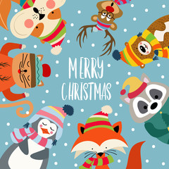 Christmas card with cute dressed animals and wishes