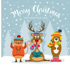 Christmas card with cute dressed animals and wishes