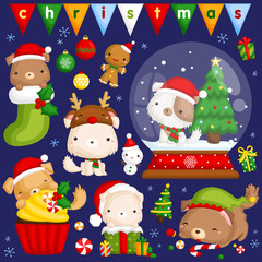 A vector set of cute little puppy in various poses and costume for christmas celebration