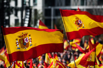 Spanish Flags waving during a protest for the unity of Spain - obrazy, fototapety, plakaty
