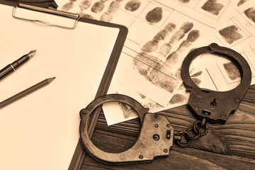 handcuffs, a blank sheet of paper, fingerprints on a wooden table background. arrest, detention of...
