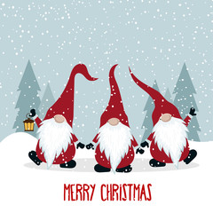 Christmas card with funny gnomes - obrazy, fototapety, plakaty