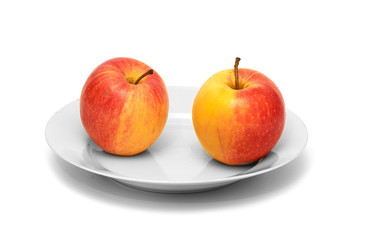 Two apples on white plate and  white background
