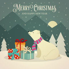 retro Christmas card with polar bears  and presents