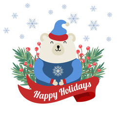 Christmas card with tree branches and polar bear